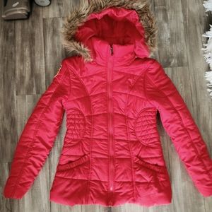 New Rampage red faux fur hooded puffer jacket sz M